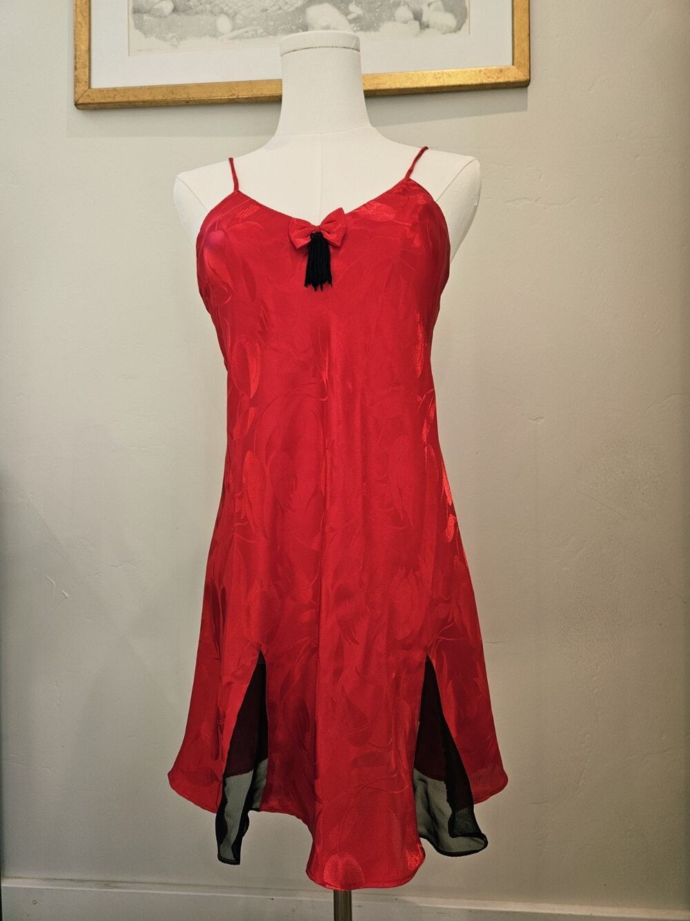 Vtg Victoria Secret Gold Label Slip Dress Womens P XS Red Satin Tassel Nighty